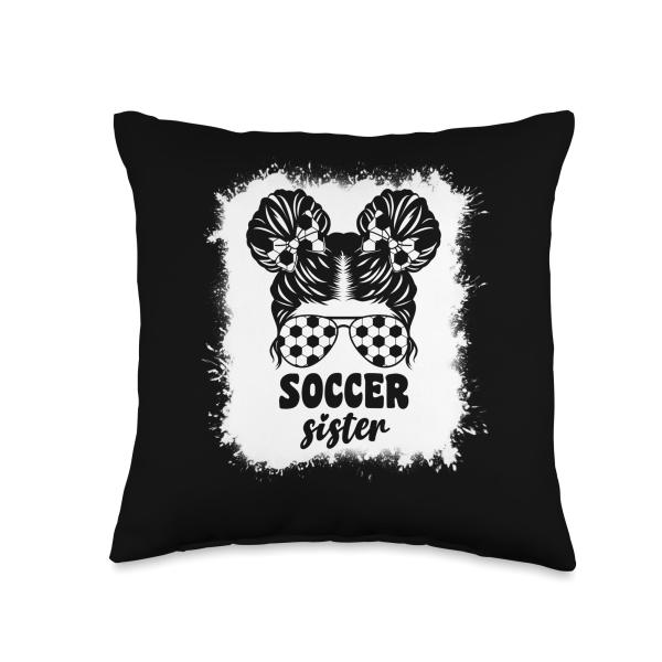 Proud Soccer Little Sister For Baby Girls Kids Messy Bun Fun Throw Pillow