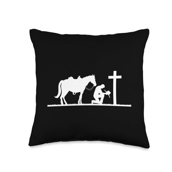 Praying Cowboy Kneeling Cross Western Bible Jesus Horse Throw Pillow