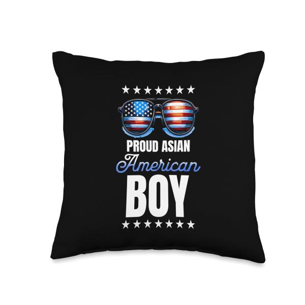 Proud Asian American Boy USA Sunglasses Family Matching Throw Pillow