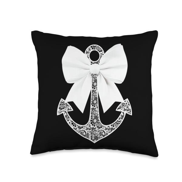 White Lace Bow Tie Nautical Cruise Anchor Boat Cruiser Lover Throw Pillow