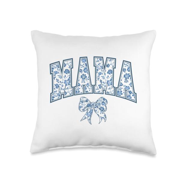 MAMA Blue Floral Coquette Bow Motherhood Womens Mom Top Throw Pillow