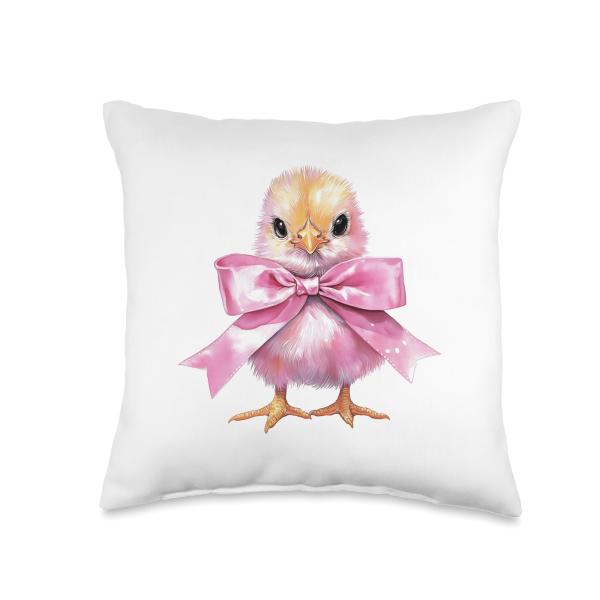 Baby Chicken Pink Coquette Bow Dainty Ribbon Chick Cute Farm Throw Pillow