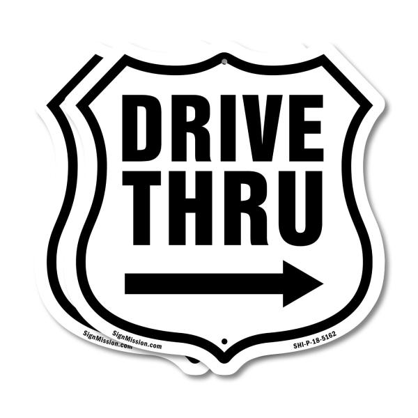 Drive Thru Right Arrow (2 Pack) 12 inch X 12 inch Shield Shaped Commercial Grade Plastic Signs Weather Resistant Made in the USA