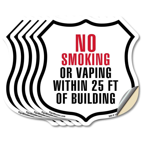 No Smoking vaping Within 25 Feet Of Building (5 Pack) 6 inch X 6 inch Shield Shaped Heavy Duty 3.2 mil Vinyl Decals Weather Resistant Made in the USA