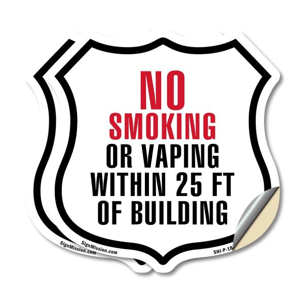 No Smoking vaping Within 25 Feet Of Building (2 Pack) 4 inch X 4 inch Shield Shaped Heavy Duty 3.2 mil Vinyl Decals Weather Resistant Made in the USA