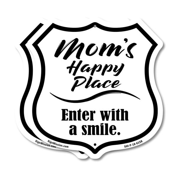 Mom's Happy Place Enter with a Smile (2 Pack) 12 inch X 12 inch Shield-Shaped Rust-Free Aluminum Metal Signs Weather Resistant Made in the USA