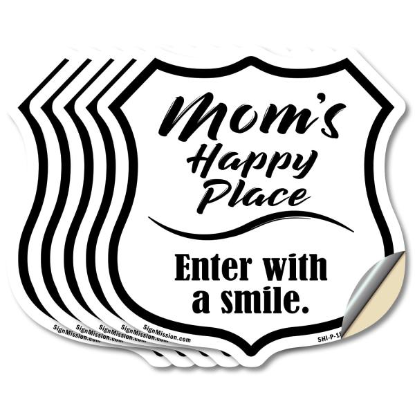 Mom's Happy Place Enter with a Smile (5 Pack) 4 inch X 4 inch Shield Shaped Heavy Duty 3.2 mil Vinyl Decals Weather Resistant Made in the USA