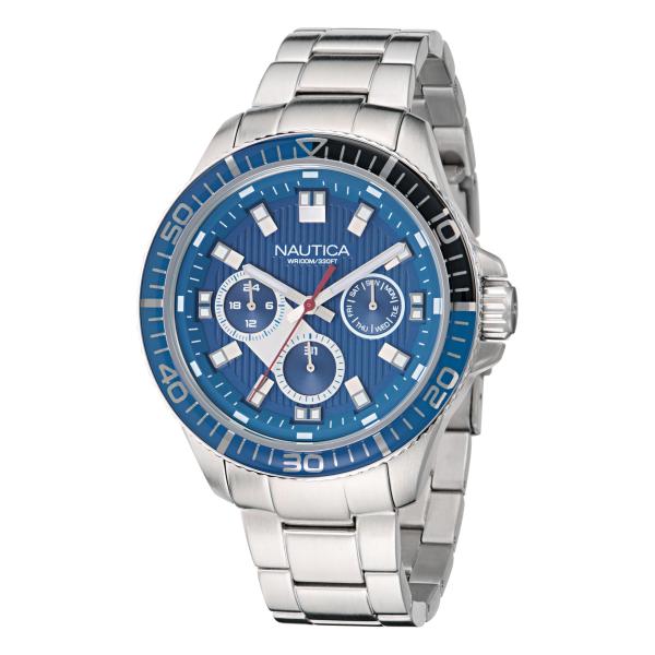 Nautica NCT Windrose 多機能 腕時計 46mm シルバートーン リサイクルスチールブレスレット ブルーダイヤル 100m防水 夜光針