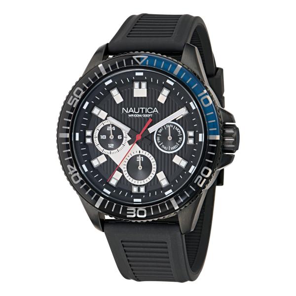 Nautica NCT Windrose メンズ シリコンウォッチ IPブラック 46mm マルチファンクション ブラックダイヤル 夜光