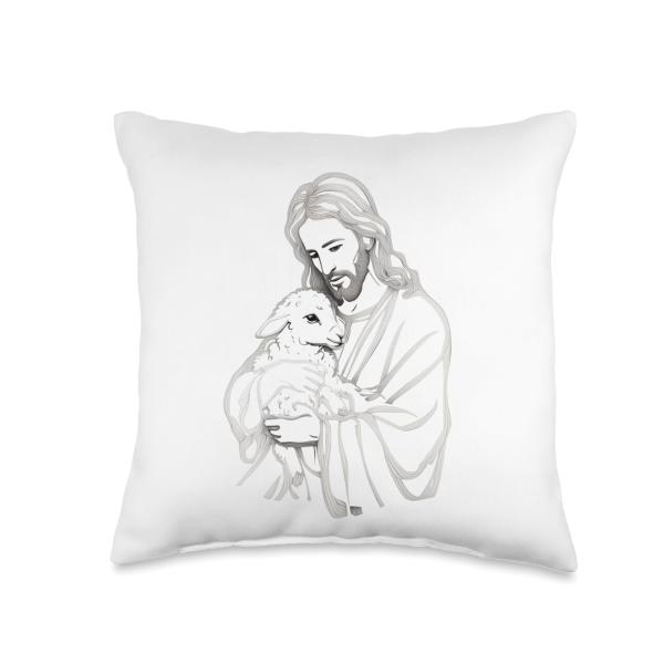 Jesus Christ Holding Cute Baby Lamb in His Loving Hands Throw Pillow