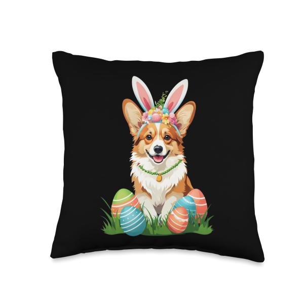 Welsh Corgi Dog with Bunny Ears Easter Eggs Festive Gift Throw Pillow