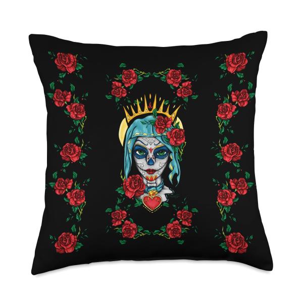 Santa muerte with red roses, mexican sugar skull portrait Throw Pillow