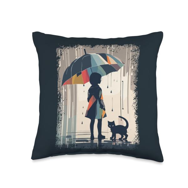 Girl and Cat With Umbrella In The Rain Cats Lover Throw Pillow