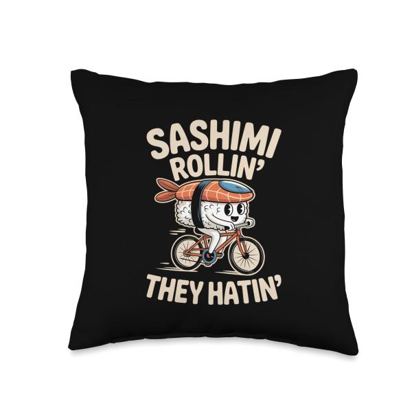 Sashimi Rollin' Funny Sushi Cyclist for Food Lovers Throw Pillow