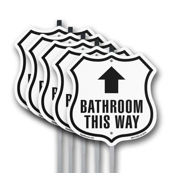 Bathroom This Way Up (5 Pack) 12 inch X 12 inch Shield Shaped Rust-Free Aluminum Metal Signs with Aluminum Mounting Stakes Weather Resistant Made in t