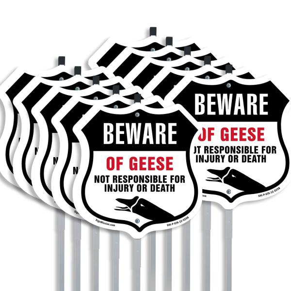 Beware Of Geese Not Responsible For Injury Or Death (10 Pack) 12 inch X 12 inch Shield Shaped Commercial Grade Plastic Signs with Aluminum Mounting St
