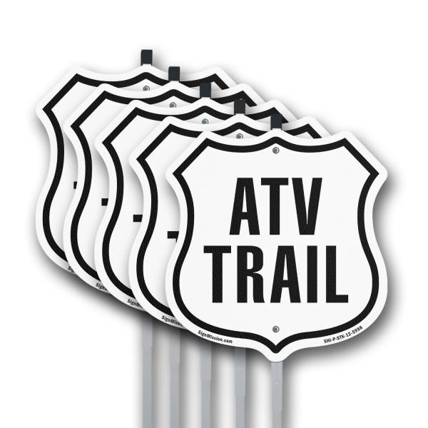 ATV Trail (5 Pack) 12 inch X 12 inch Shield Shaped Commercial Grade Plastic Signs with Aluminum Mounting Stakes Weather Resistant Made in the USA