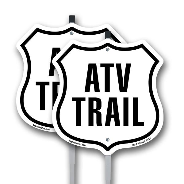 ATV Trail (2 Pack) 12 inch X 12 inch Shield Shaped Commercial Grade Plastic Signs with Aluminum Mounting Stakes Weather Resistant Made in the USA