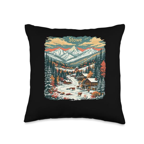 Vintage Stowe Vermont Sunset Mountains Cityscape Retro Throw Pillow
