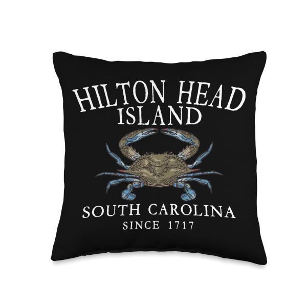 Hilton Head Island South Carolina Since 1717 Blue Crab White Throw Pillow