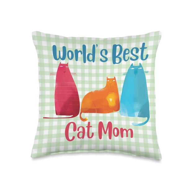 Three Cats Check Kitchen Green Gingham Worlds Best Cat Mom Throw Pillow