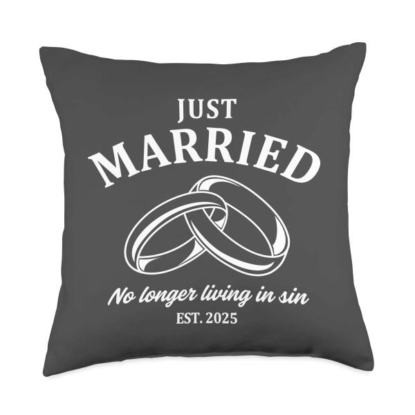 Just Married No Longer Living In Sin Bride Groom Marriage Throw Pillow