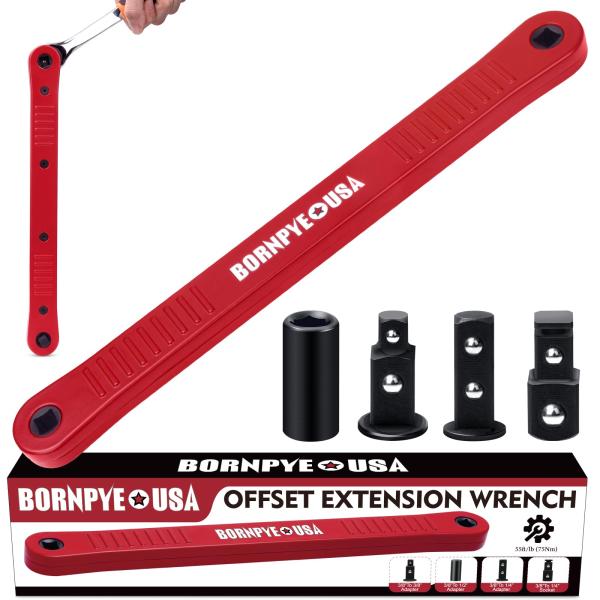 Bornpye オフセット延長レンチセット 1/4・3/8・1/2インチアダプター付 高炭素鋼 34cm インパクト対応