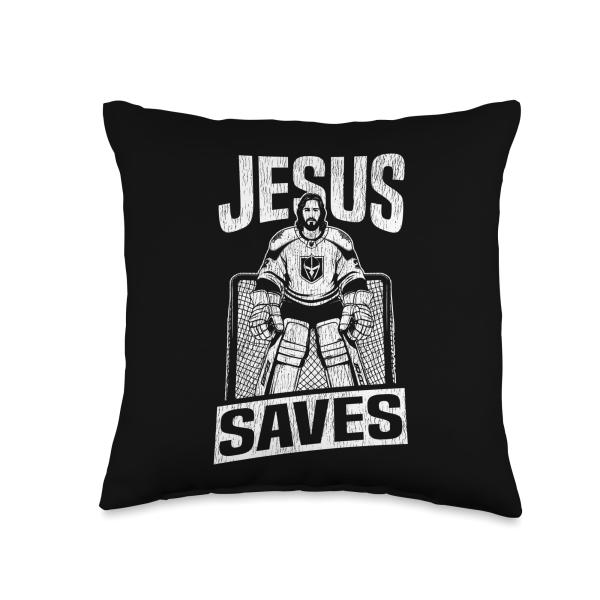 Ice Hockey Goalie Vintage Goalkeeper Jesus Jesus Saves Throw Pillow