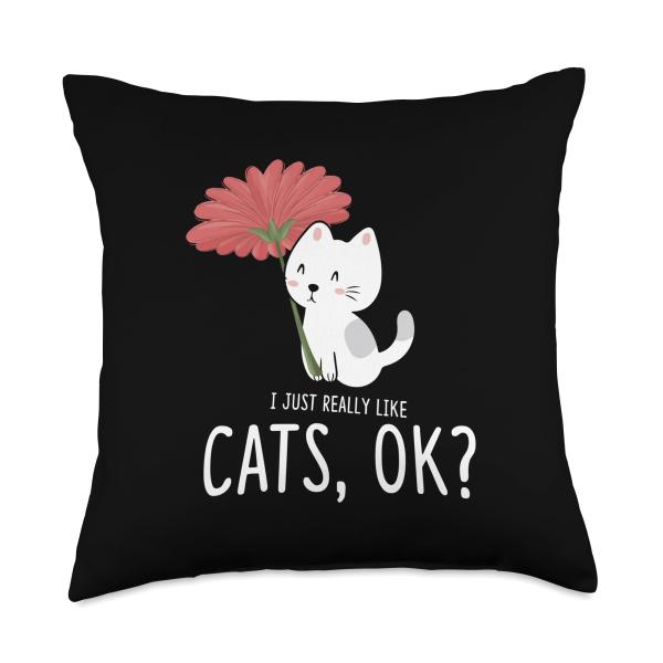 I Just Really Like Cats, Ok? Cat With Daisy Flower Throw Pillow