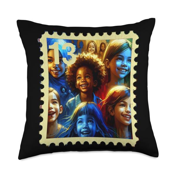 Young Inspiring Faces of Joy - Stamp No. 13 Throw Pillow