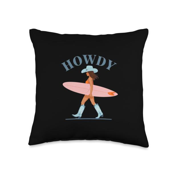 Cowgirl with Surfboard - Western Meets Beach Howdy Design Throw Pillow