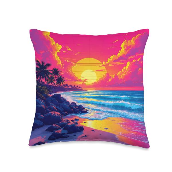 Miami Beach Futuristic Pink Sunset Over Ocean With Palm Tree Throw Pillow