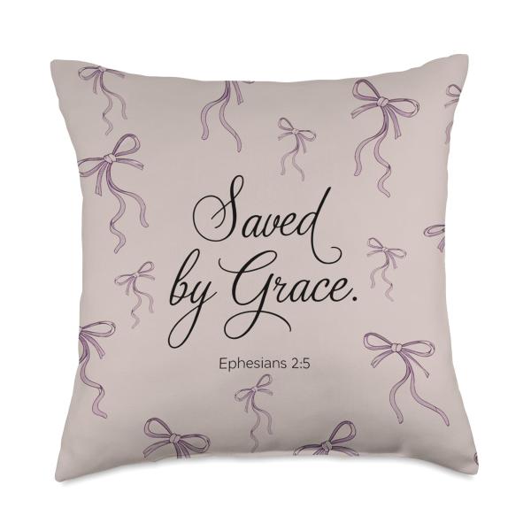 Saved By Grace Christian Faith Bible Verse Purple Bow Throw Pillow