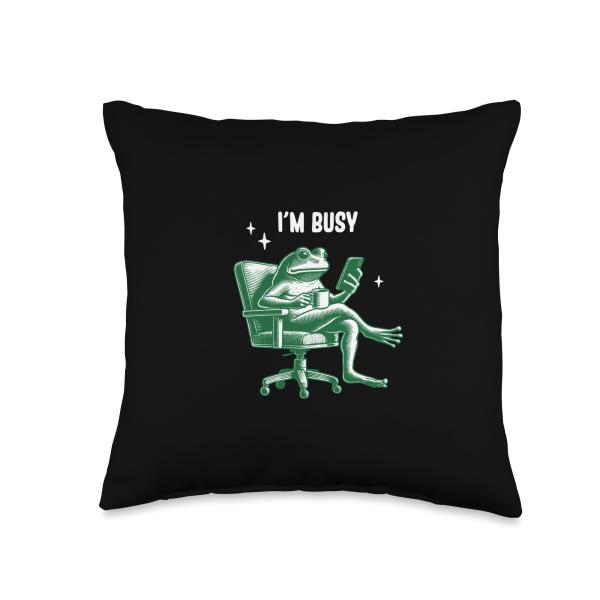 Frog Sits in Chair Drinks Coffee Checks Phone says I'm Busy Throw Pillow
