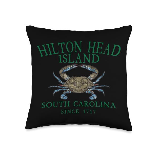 Hilton Head Island South Carolina Since 1717 Blue Crab Green Throw Pillow