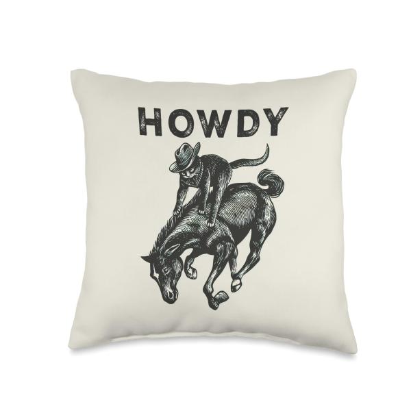 Howdy Cowboy Cat Riding Horse Funny Western Rodeo Meowdy Cat Throw Pillow