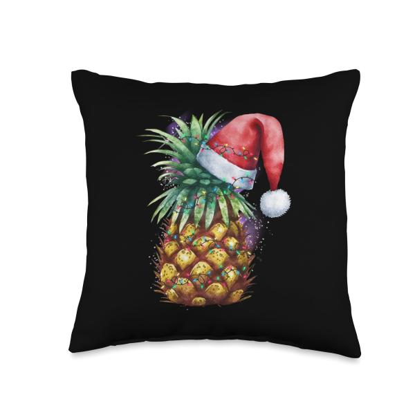 Festive Citrus Christmas, Pineapple with Santa Hat Throw Pillow