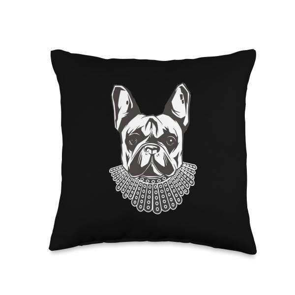French Bulldog Dog with Ruth Bader Ginsburg Collar RBG Throw Pillow