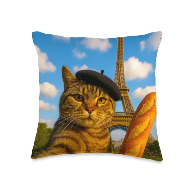 Funny French Cat Selfie with Baguette And Beret Throw Pillow