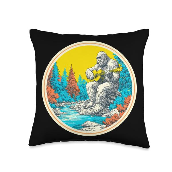 Yeti Play Guitar | Rock Star | 60s 70s Rock Music Throw Pillow