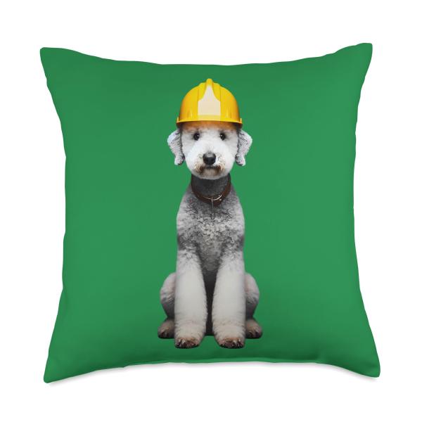 Bedlington Terrier Dog Yellow Hard Hat Helmet Worker Owner Throw Pillow