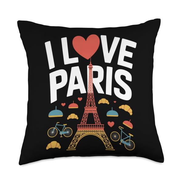 I Love Paris Eiffel Tower Umbrellas Hearts Throw Pillow