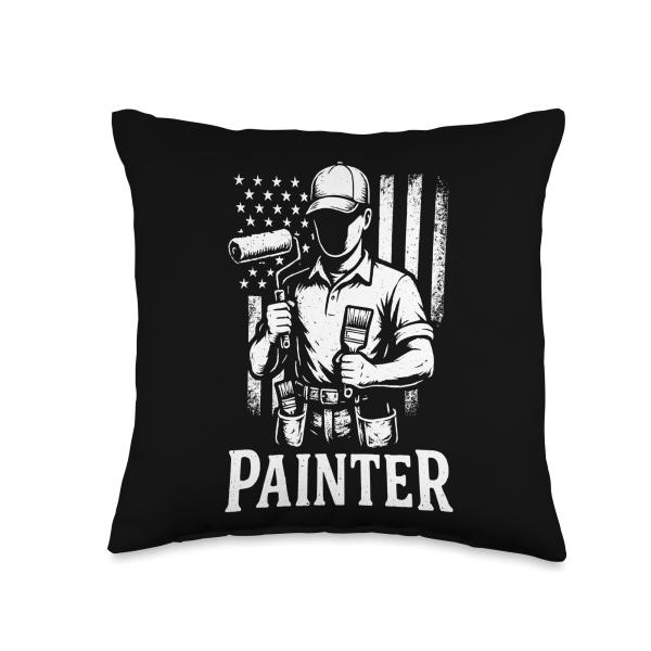 Patriotic Painter US Flag House Painting Decorator Throw Pillow