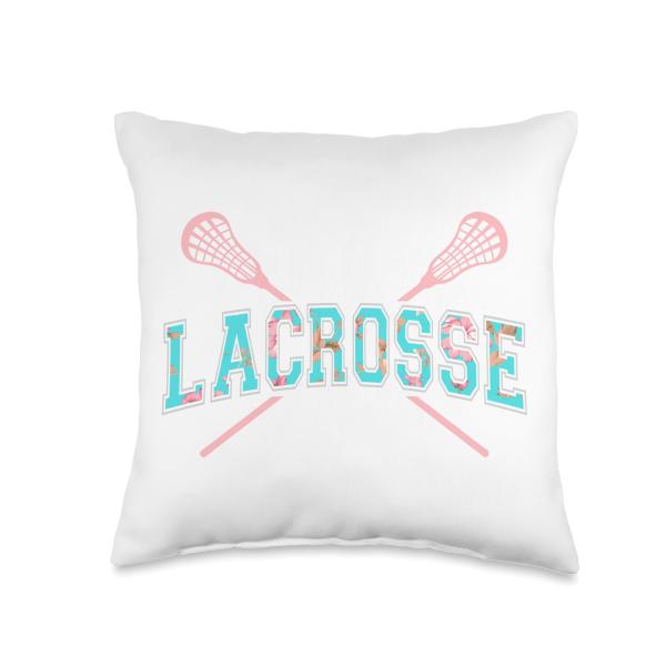 Floral Lacrosse Crossed Sticks LAX Girly Teal PInk Head Girl Throw Pillow