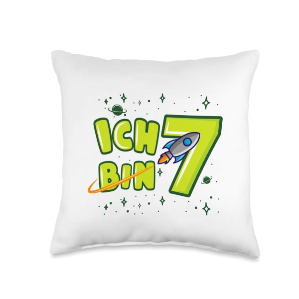 Ich bin 7 Space Rocket Universe Boy Birthday Adventure Throw Pillow