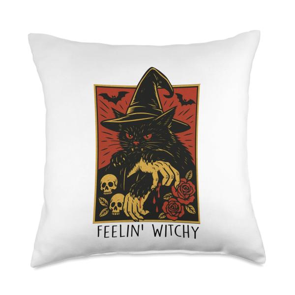 Spooky Halloween Cat Witch Blood Roses Throw Pillow