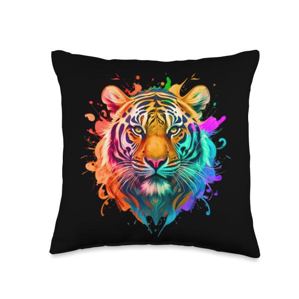 Tiger Artwork - Colorful Animal Art Motif Zoo Tiger Lover Throw Pillow