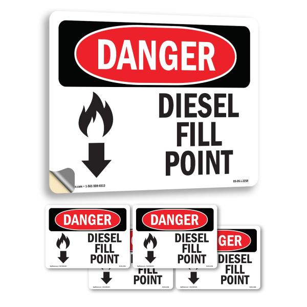 Diesel Fill Point [Down Arrow] OSHA Danger Vinyl Decal Label 5 Inch x 3.5 Inch - 5 Pack