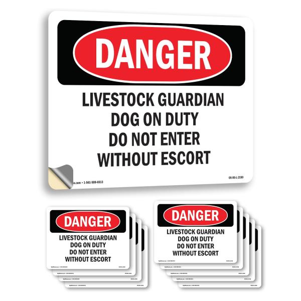 Livestock Guardian Dog On Duty Do Not Enter OSHA Danger Vinyl Decal Label 5 Inch x 3.5 Inch - 10 Pack