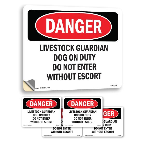 Livestock Guardian Dog On Duty Do Not Enter OSHA Danger Vinyl Decal Label 10 Inch x 7 Inch - 5 Pack